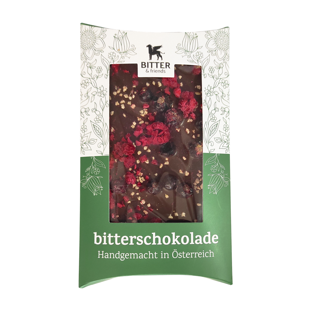 Bitterschokolade „Beerig mit Krokant“